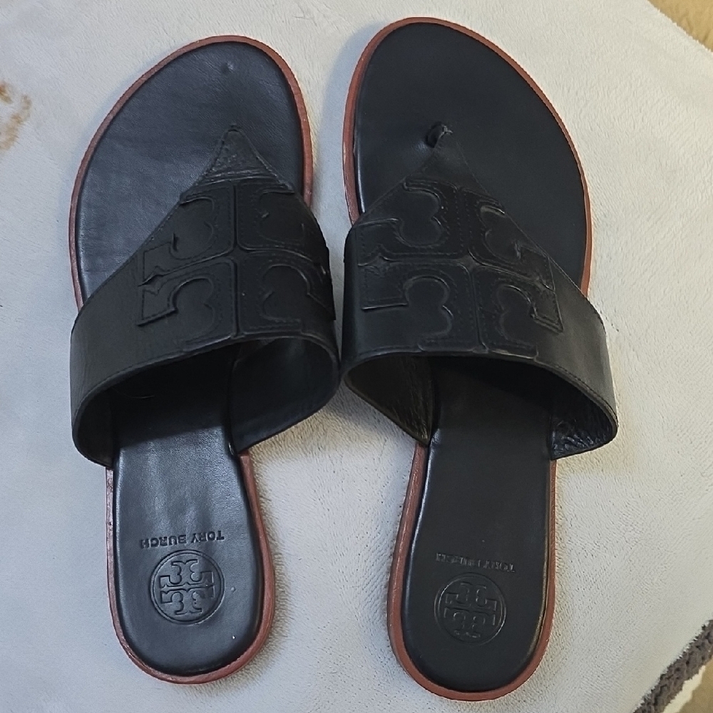 Tory Burch Black Leather Logo Slide Sandals with Brown Trim